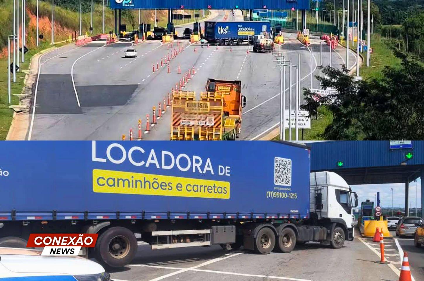 Caminhoneiro se recusa a pagar pedágio e bloqueia cabines na BR-459, em Santa Rita do Sapucaí (MG).