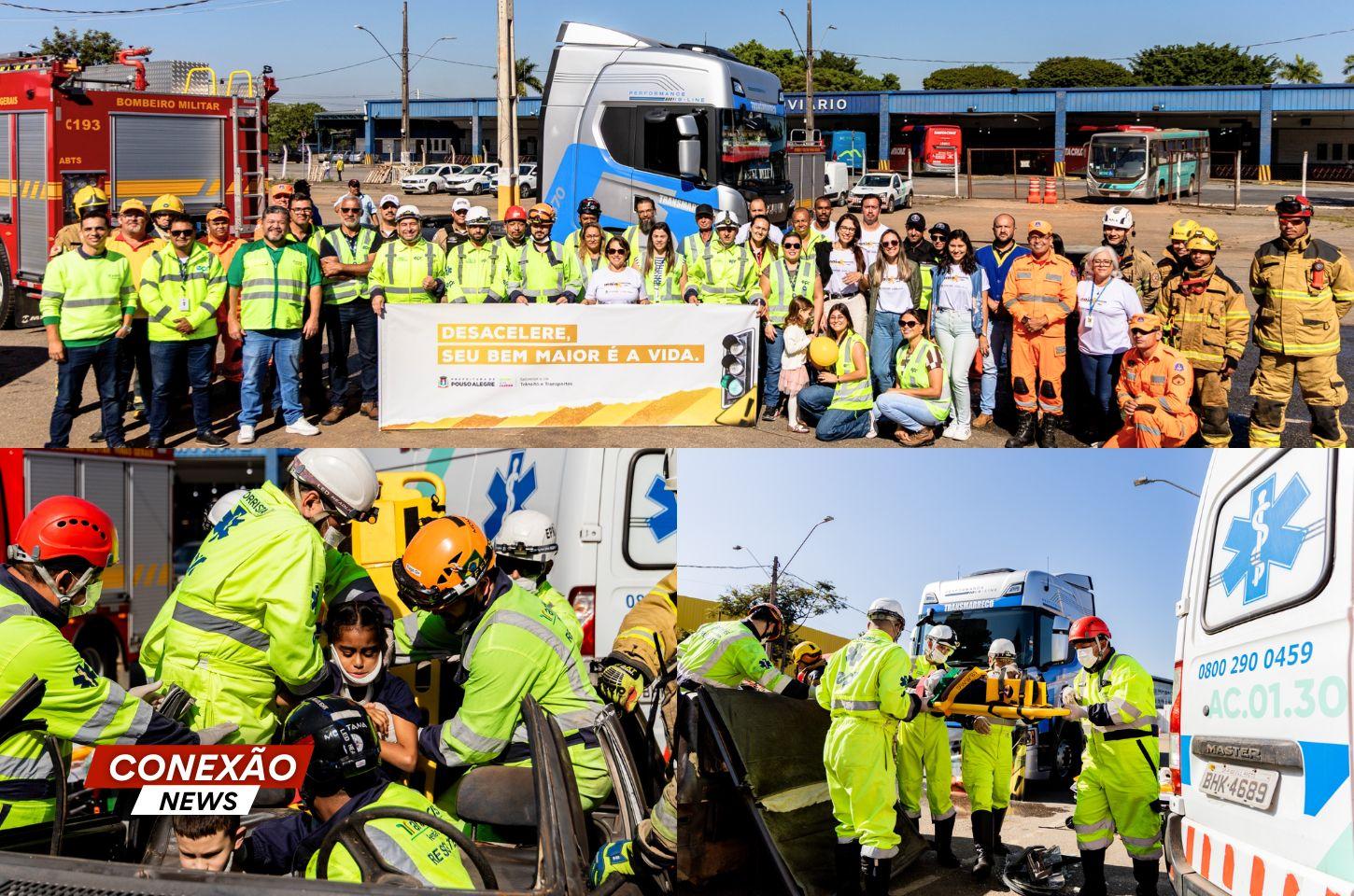 Alunos da rede municipal participam de simulação educativa de acidente em ação do Maio Amarelo, em Pouso Alegre (MG).