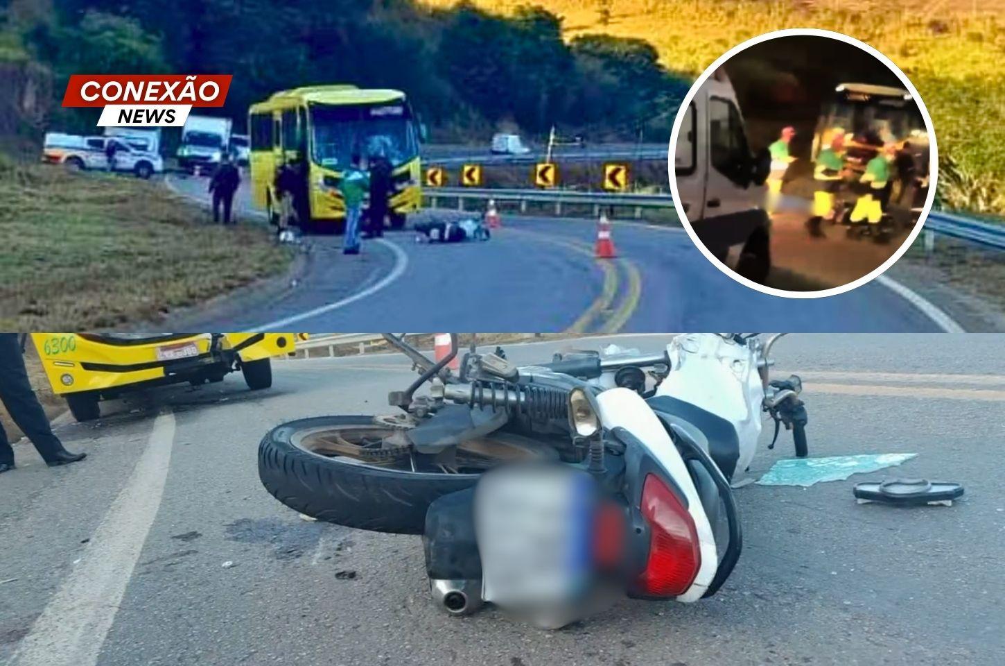 Motociclista morre após bater de frente com ônibus na MG-173, em Cachoeira de Minas (MG).