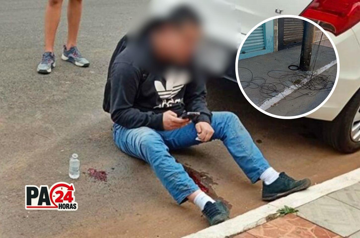 Fiação solta enrosca no pescoço de motociclista e provoca acidente no bairro Jardim Olímpico, em Pouso Alegre (MG).