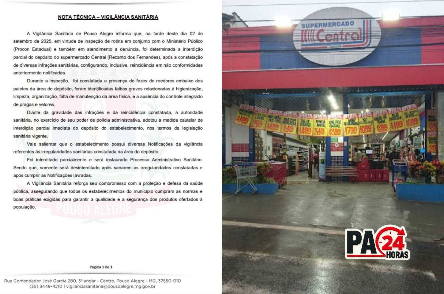 Supermercado é parcialmente interditado pela Vigilância Sanitária após constatação de irregularidades em Pouso Alegre.