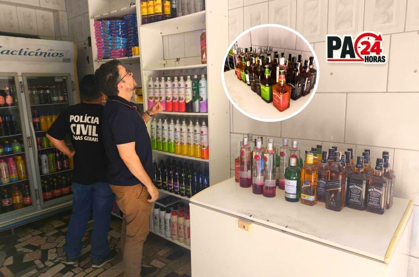 Polícia Civil apreende 39 garrafas de bebidas com indícios de falsificação em adega no bairro São João.