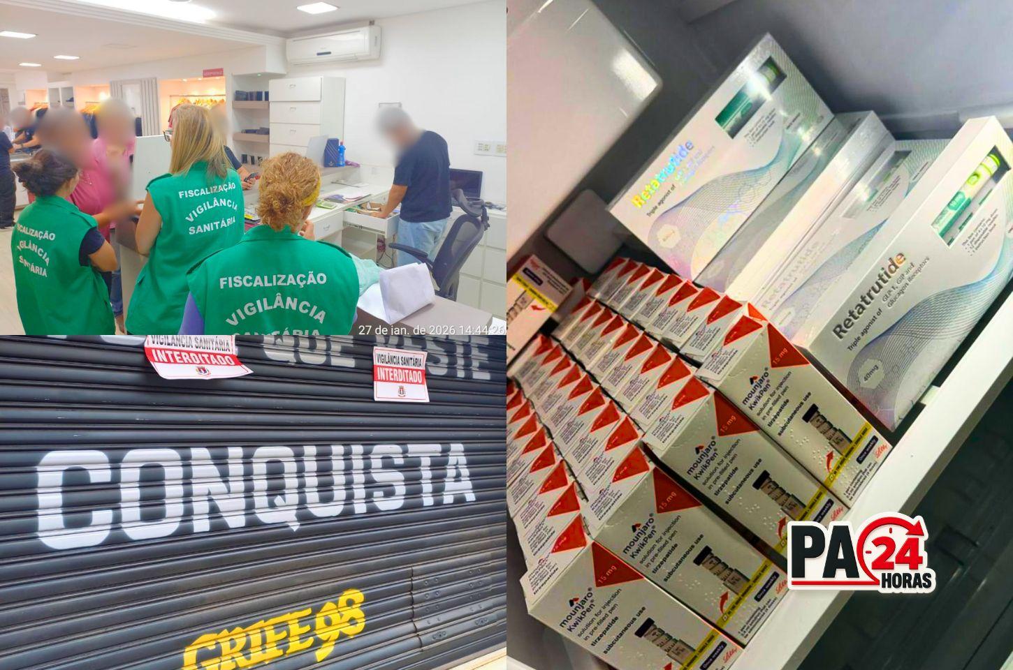 Vigilância Sanitária interdita loja de roupas no Centro após apreender canetas emagrecedoras sem registro da Anvisa.